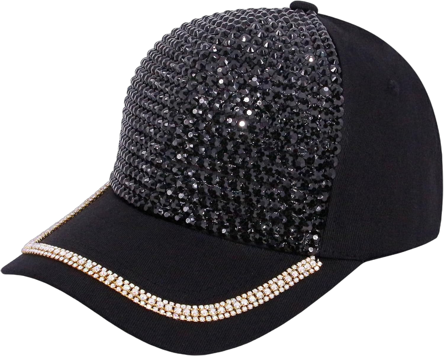 Haoohu Women's Full Sparkle Studded Rhinestone Baseball Cap Gem Bling Ponycap Adjustable Trucker Hat Outdoors Sun Cap One Size Black Gold
