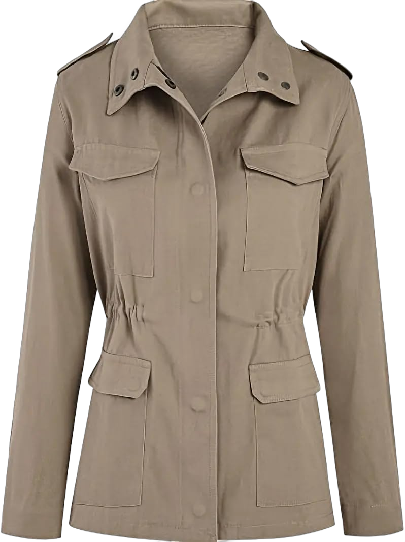 Women's Military Anorak Jacket Zip Up Snap Button Parka Safari Utility Coat Outwear with Pockets Medium Khaki
