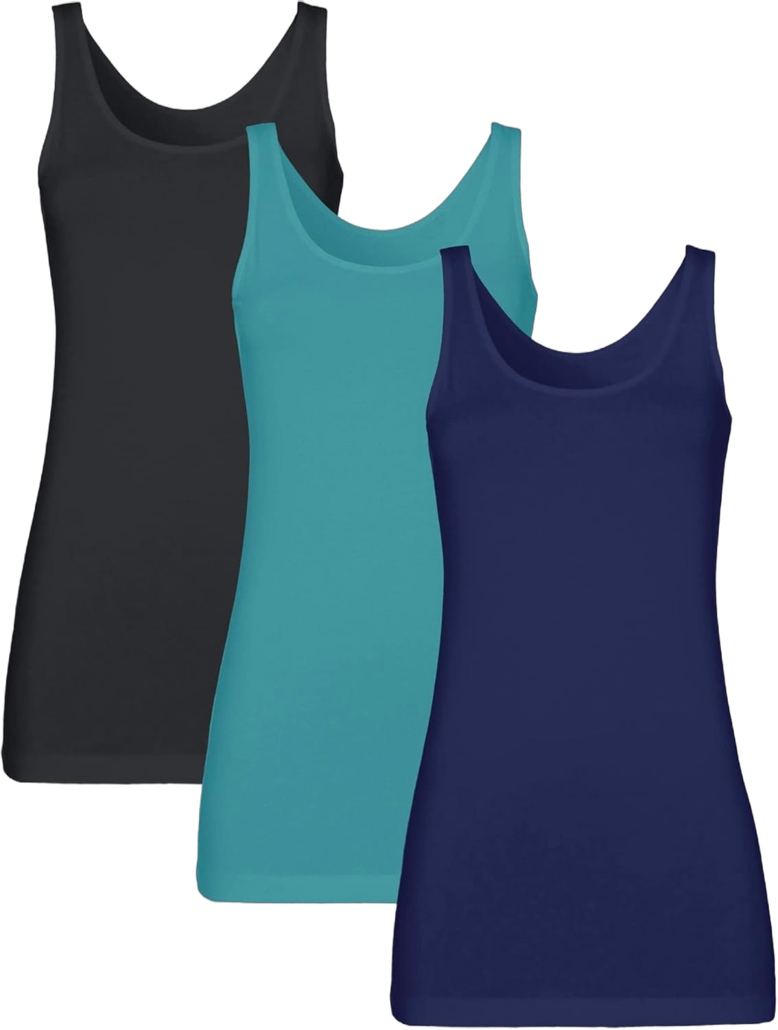 Womens 3 Packs Long Tank Tops Stretchy Cotton Sleeveless Camisole Undershirts Layering Workout Yoga Camis Black+aqua+navy (U Back) Large