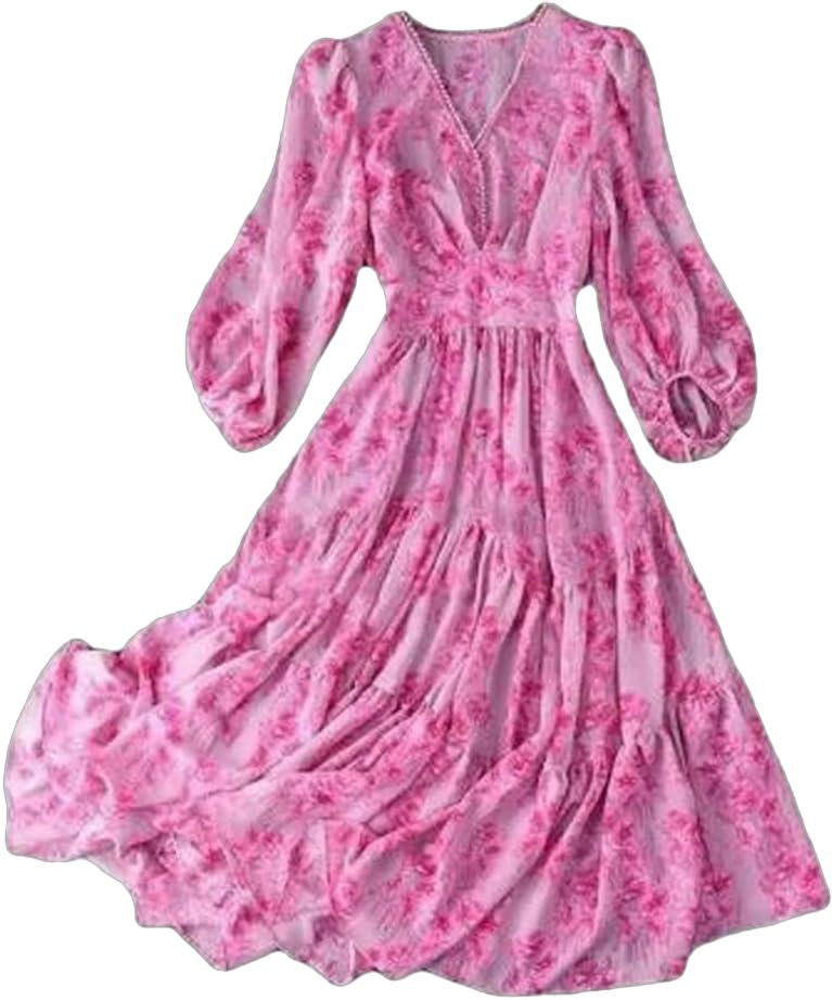 Women's Chiffon Floral Dresses V Neck Ruffle Dress Lantern Sleeve High Waisted Midi Dress Small Rose Red