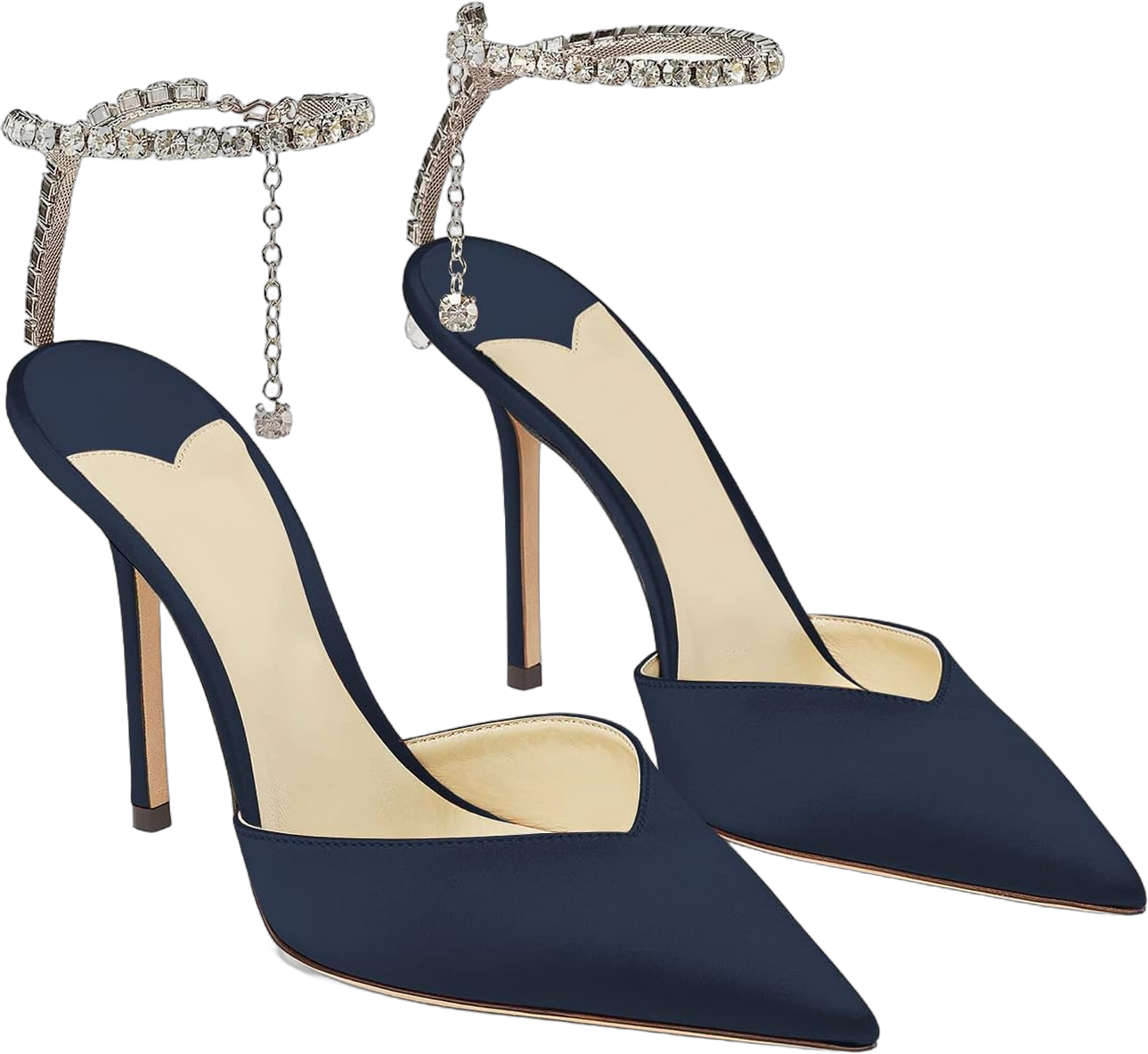 LauraVicci Women's Heeled Sandals Crystal Chain Ankle Straps Rhinestones Buckle High Heels Stiletto Slip On Wedding Party Satin Dress Shoes 5.5 Navy Satin