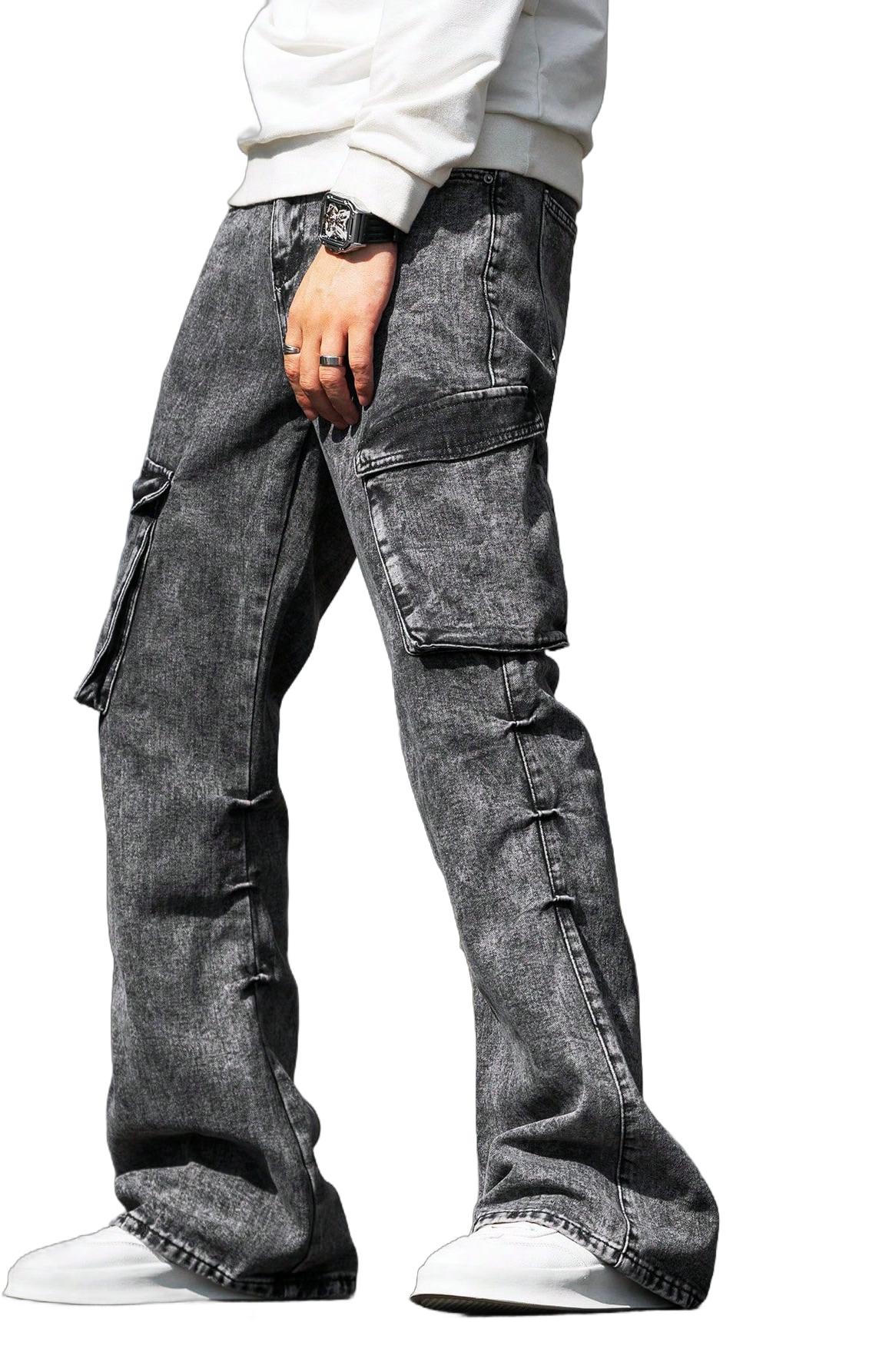 Manfinity EMRG Men's Cargo Jeans Baggy Long Acid Wash Jean Plain Dark Grey Party Y2K Rapper