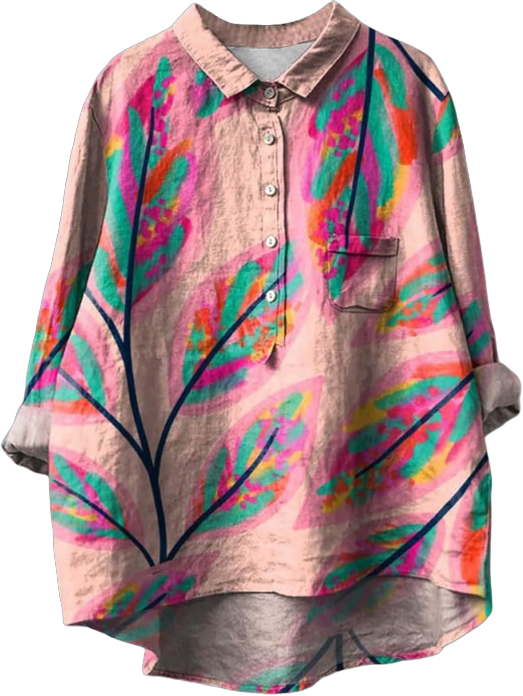Women's Casual Floral Print Button Round Neck Shirt Top Long Sleeve Shirts for Women Casual Blouse A-pink Medium