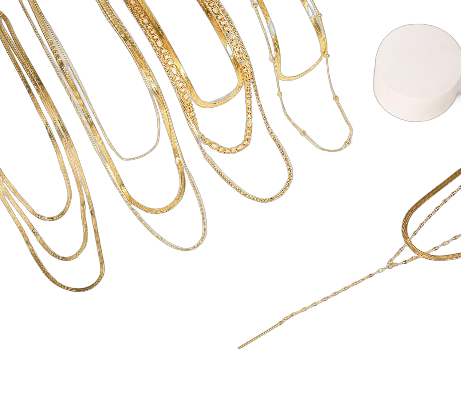 Elegance 11 designs 14k Real Gold Plated Non-Tarnish Layered Herringbone Figaro Chain Flat Snake Chain Gold Necklaces Set For Women