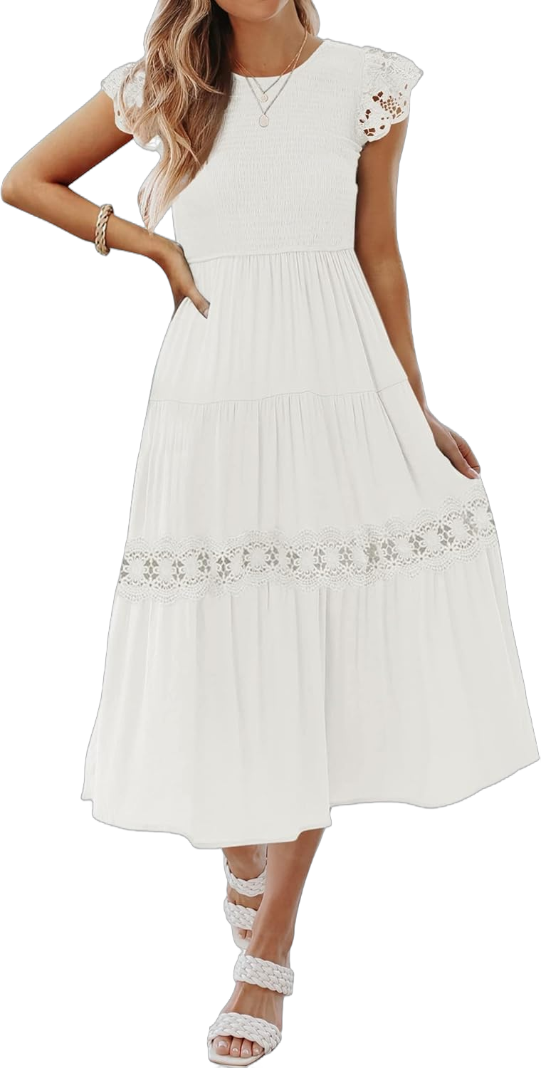 ZESICA Women's Casual Crew Neck Flutter Sleeve Smocked High Waist Hollow Out Lace Trim Tiered A Line Midi Dress Ivory Small