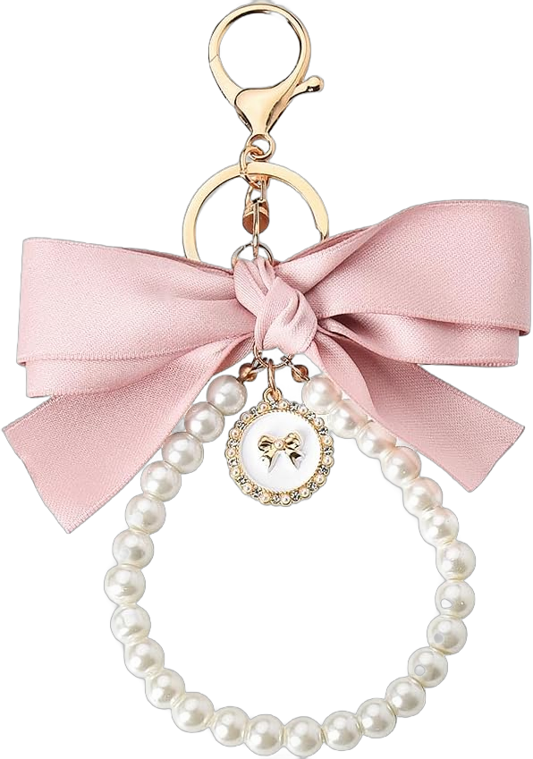 Sisadodo Bow Pearl Wristlet Keychain Bracelet Bowknot Bag Charm for Purse Backpack Pendant Bow Accessories for Women Girls Pink Bow