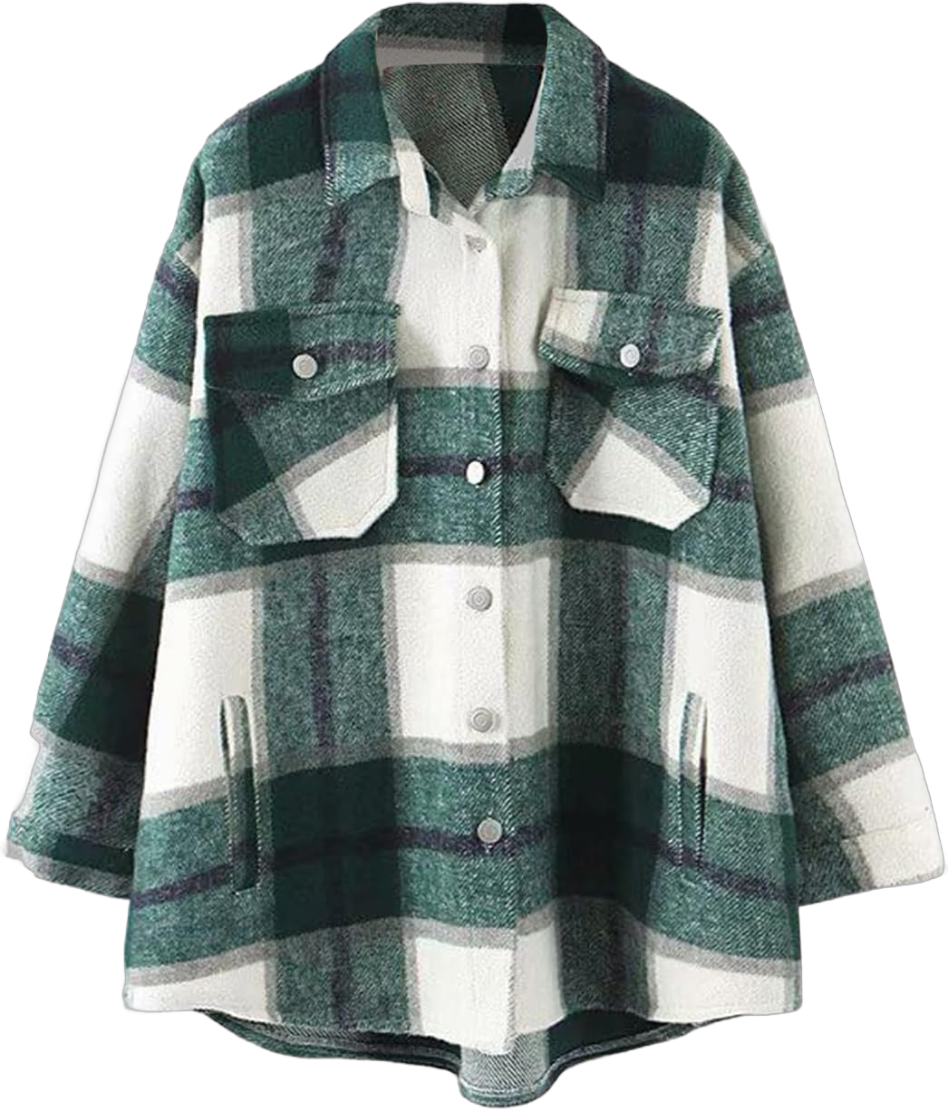 Lviefent Womens Casual Wool Blend Plaid Flannel Shackets Jacket Button Down Shirt Coat Medium Green