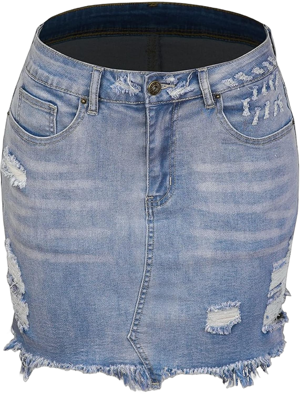 Cimcado Women's Spring Summer Casual Stretchy Denim Mini Skirts Ladies Ripped Raw Edge Hem Pockets Fringed Short Jean Skirt Medium Light Blue