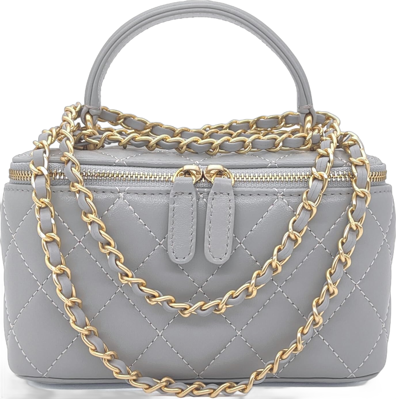 Small Genuine Leather Purse Quilted Crossbody Bag for Women, Mini Top-Handle Shoulder Handbag w/Gold Chain Strap