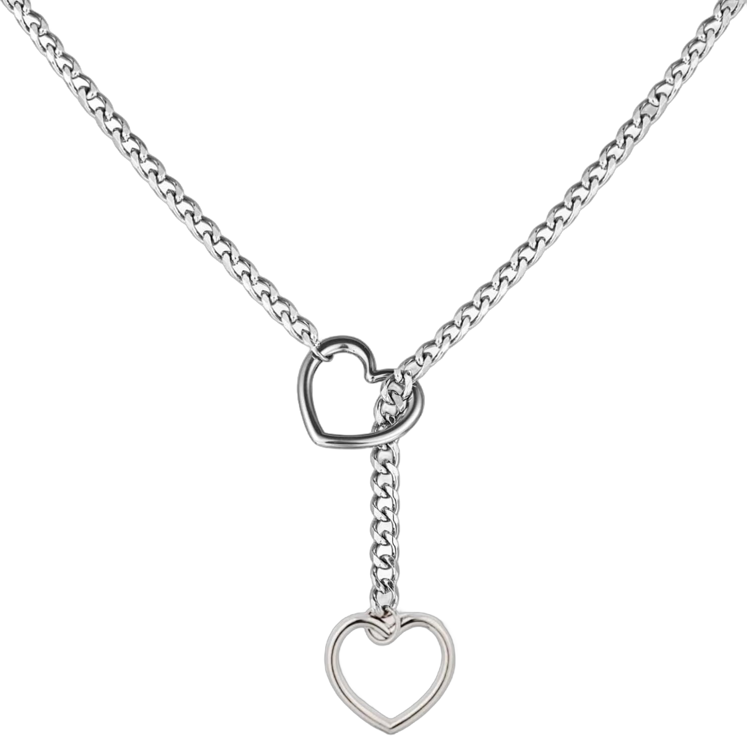 Heart O-Ring Slip Chain Necklace Punk Rock Stainless Steel Cuban Long Necklace Jewelry for Women Gothic Cuban Necklace Jewelry Adjustable Lariat Y-Necklace With Key Silver heart 31mm