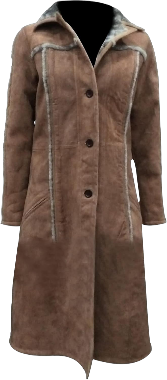 Beth Dutton Yellow Suede Shearling Knee Lenght Jacket Kelly Reilly Fur Collar Brown Trench Coats for Women Large D 2) Brown Suede Leather Coat