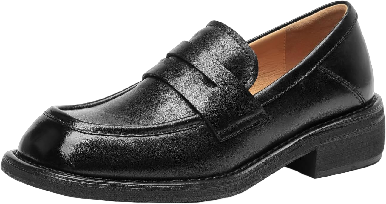 BEAU TODAY Penny Loafers for Women, Women’s Slip On Leather Loafers, Chunky Tassel Loafers Square Toe Shoes, Comfortable Dressy Business Casual Non-Slip Office Ladies Shoes 6.5 2-black