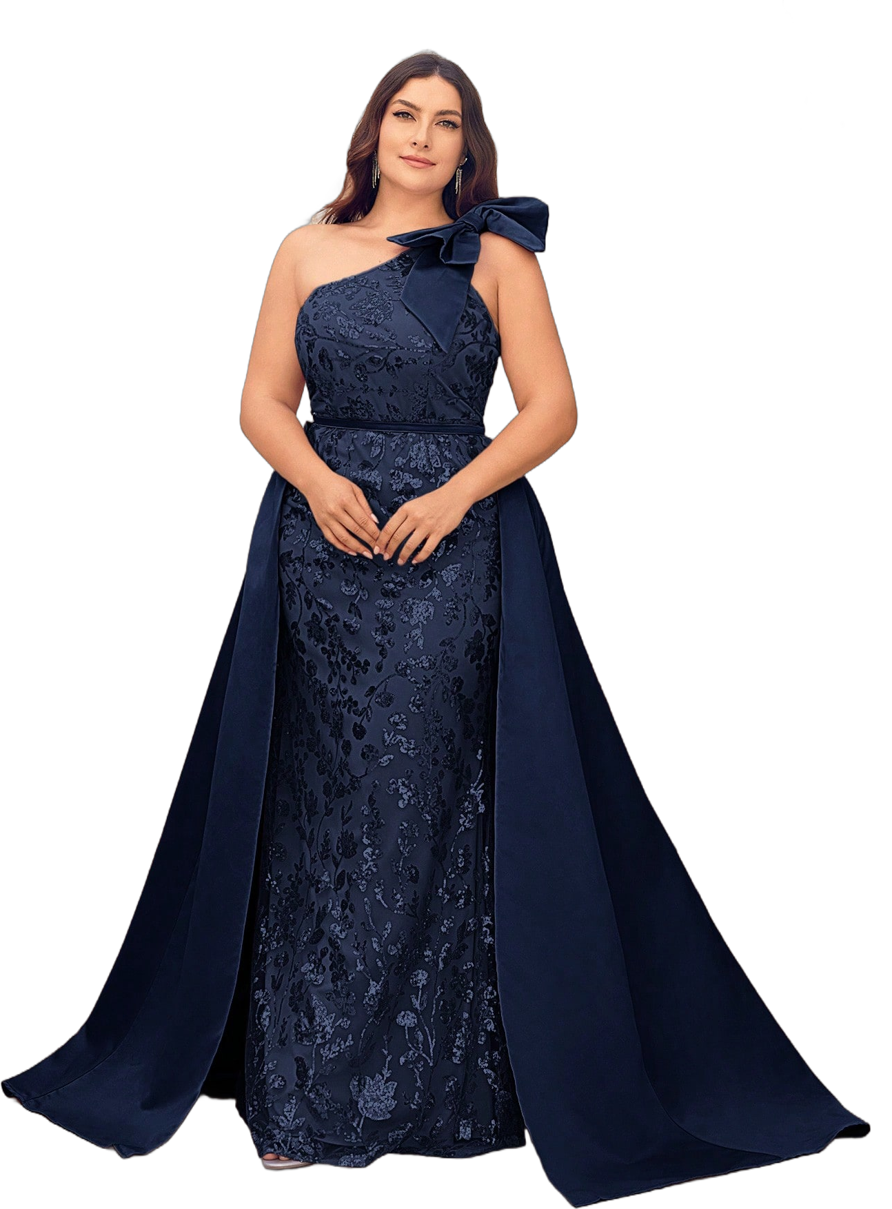 SHEIN Belle Plus Size Women's Formal Maxi Dress With Asymmetric Neckline, Sequin Patchwork And Bow Accent, Elegant Prom Evening Gown, For Wedding Guest, Graduation, Dinner