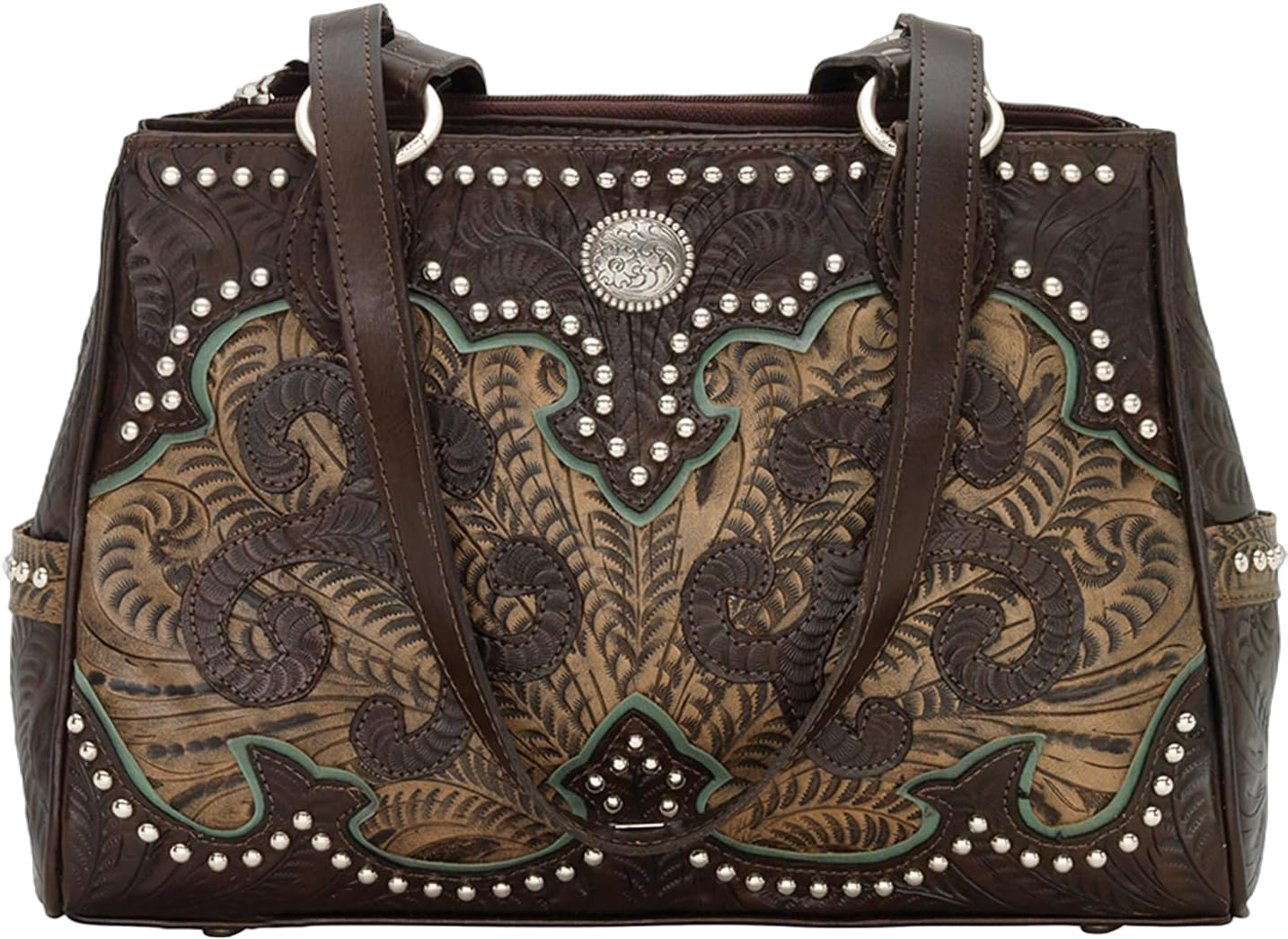 American West Women's Handbag Genuine Leather Tote Hand Tooled Stylish Every Day Purse (Concealed Carry - Chocolate)