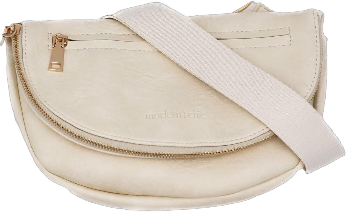 Modern+Chic Crossbody Bags for Women - The Holly Foldover Crossbody Bag, Vegan Leather Belt Bag with Zipper Pockets - Eggshell Cream