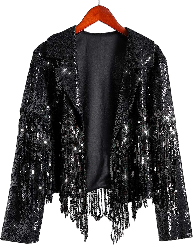 Edary Women's Sequin Jacket Coat Sparkly Long Sleeve Tassel Blazer Fringe Party Club New Years Eve Sequin Jackets Large B-black