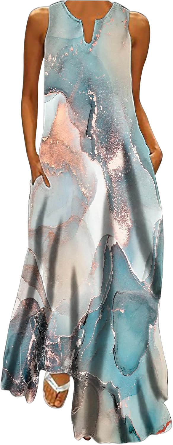 Boho Maxi Dresses for Womens 2024 Summer Floral Dress Sleeveless Long Flowy Sundress Casual Bohemian Beach Maxi Dress X-Large 3#light Blue