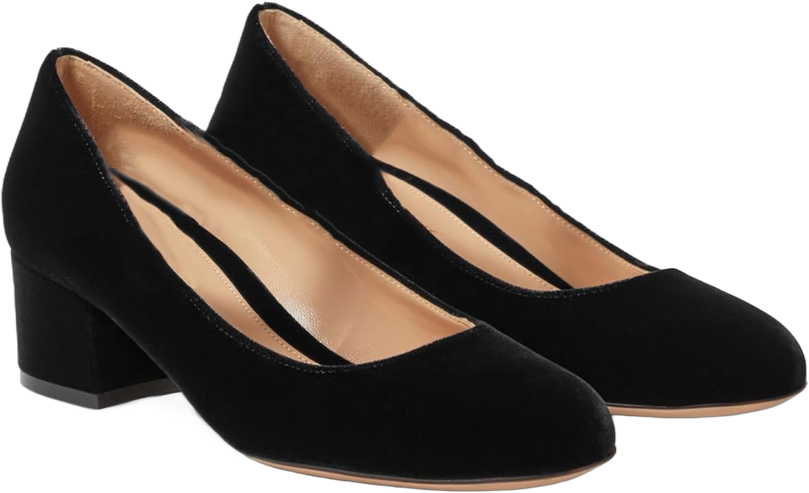 MOOMMO Women Vintage Chunky Block Heel Velvet Pumps Round Closed Toe Slip On 2" Low Thick Heels Dress Shoes Fashion Office Work Pump Basic Shoe Classic Spring Elegant Wedding Party 4-11 M US 5 Velvet Black