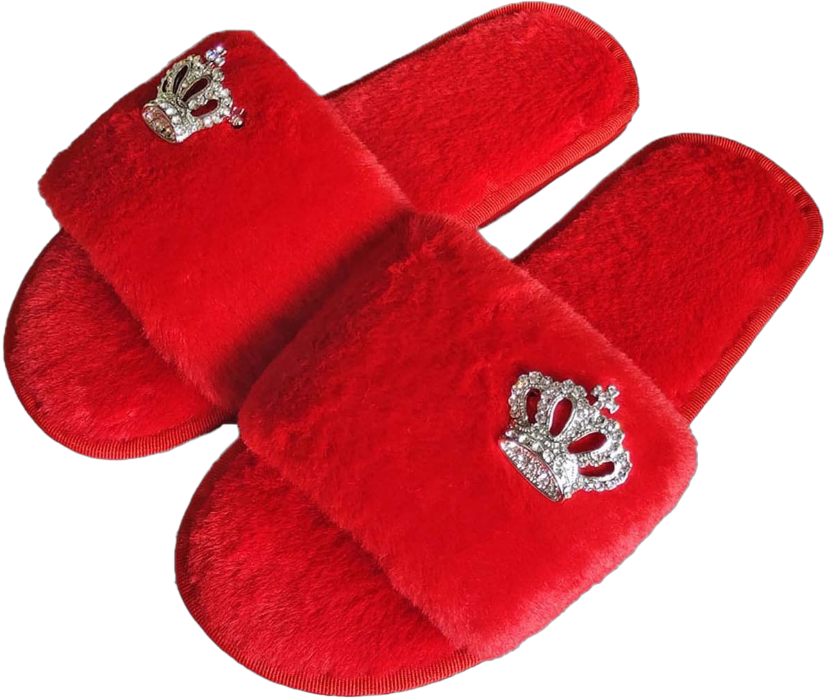 Fashion Fur Slide Slippers for women girl,Bling Rhinestone Crown decoration flat Open Toe sliders plush slippers Slip on Cozy 5-6 Narrow Women/5-6 Narrow Men Red