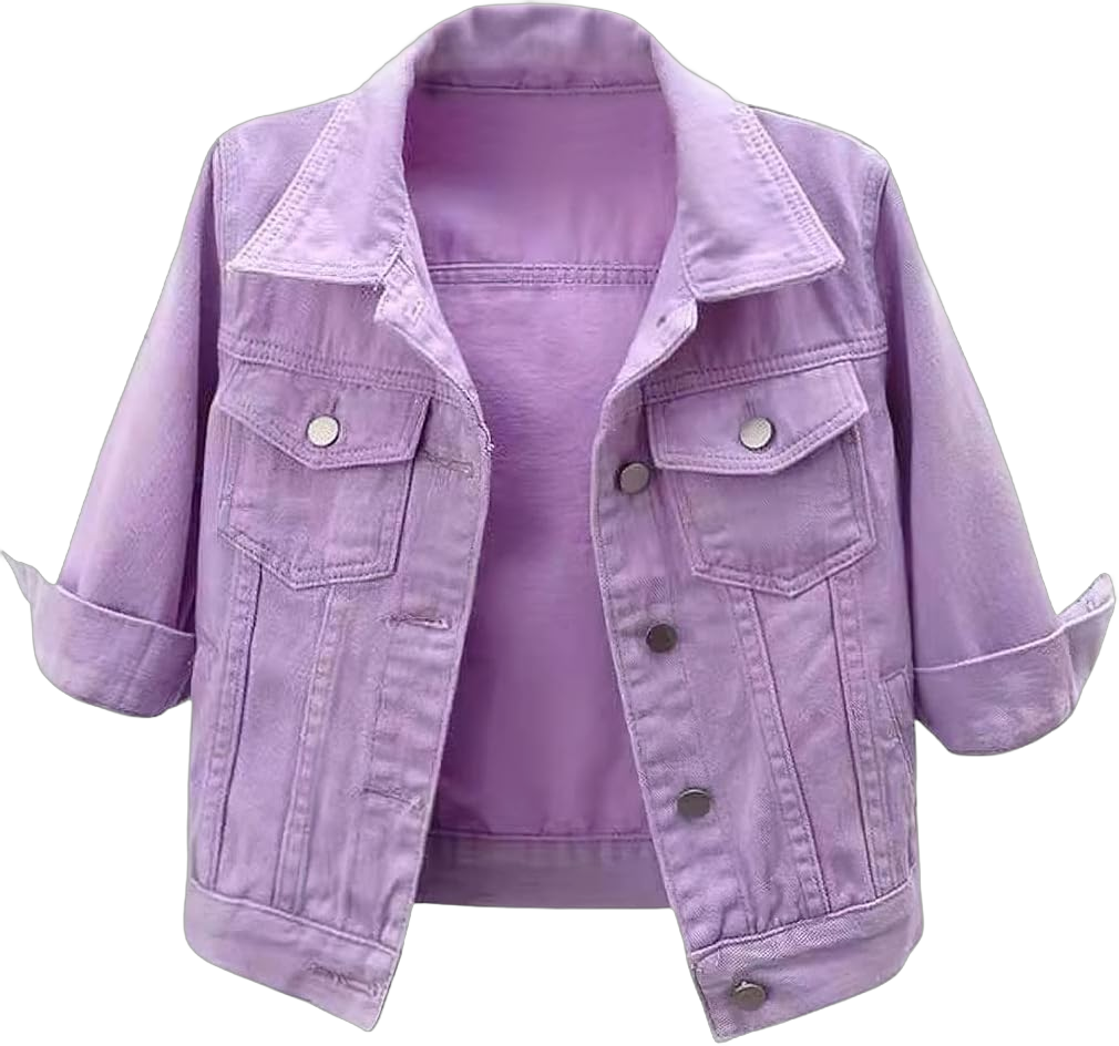 loveimgs Women Casual 3/4 Sleeve Button Down Cropped Denim Jean Jacket Motorcycle Short Jacket X-Large Purple