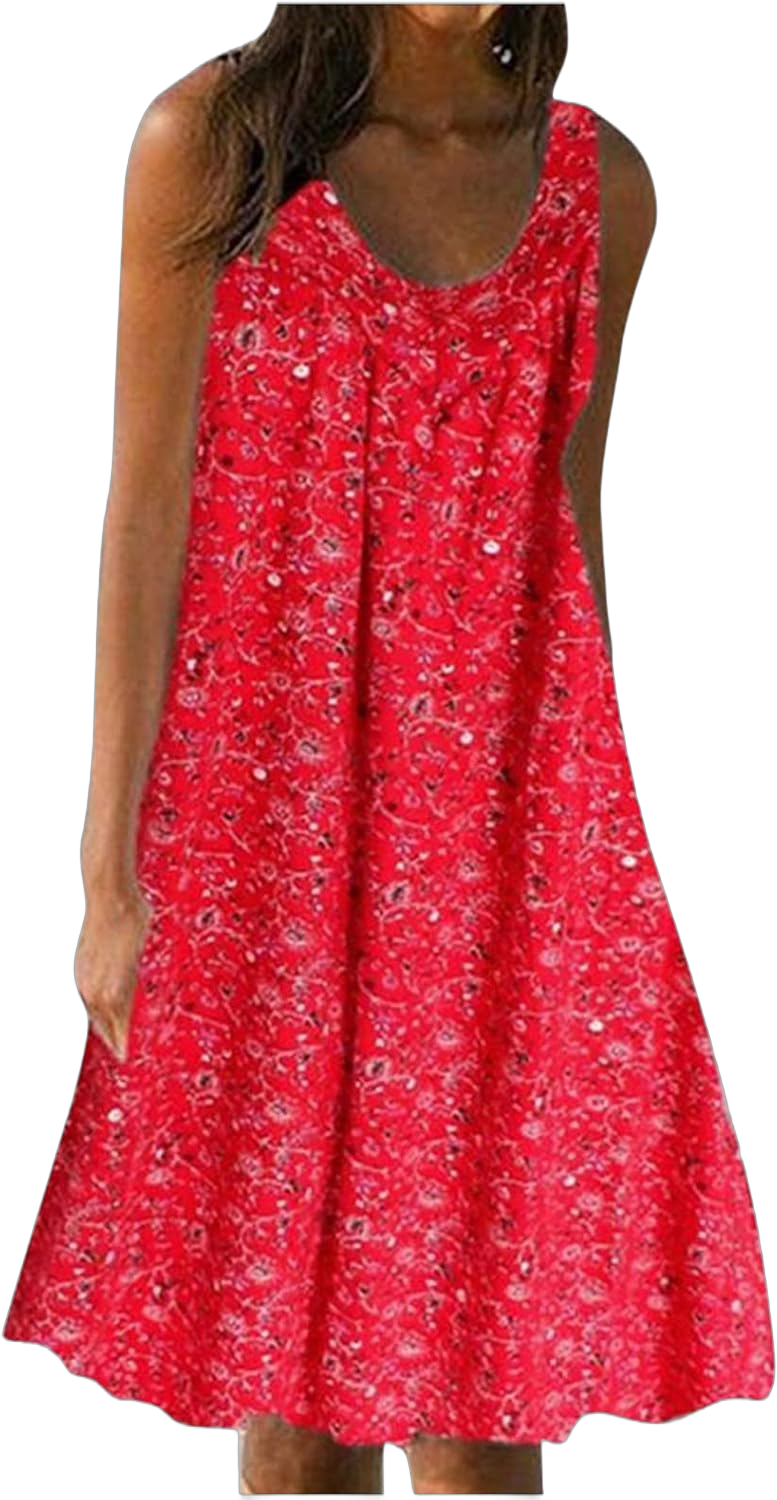 HHmei Women's Summer Dresses 2024 Beach Casual Sleeveless Floral Print Boho Tank Dress V Neck Loose Sundress with Pocket Small Red