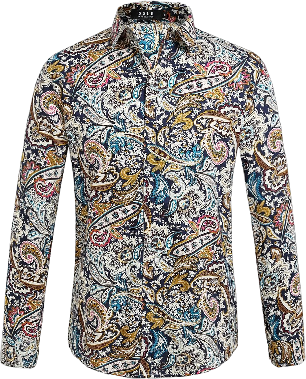 SSLR Men's Paisley Cotton Printed Long Sleeve Casual Button Down Shirt Small Blue Red