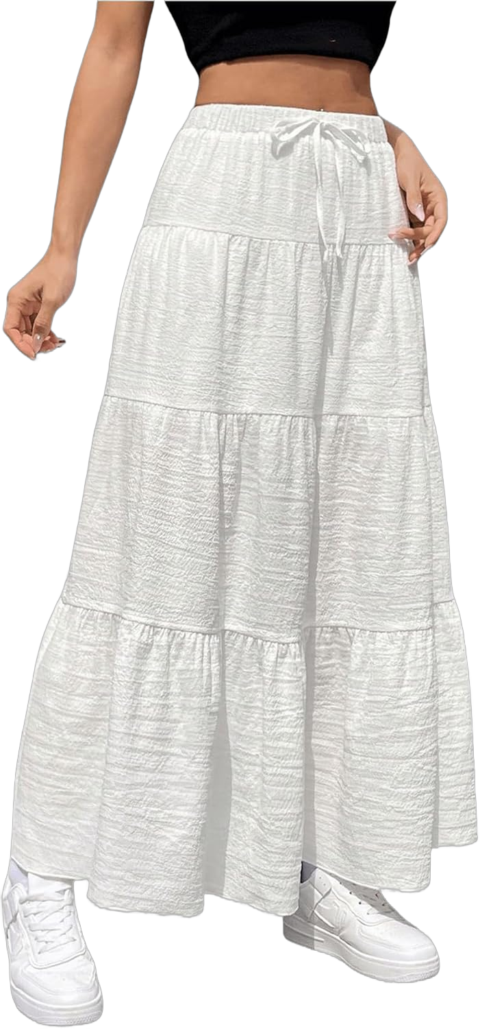 SHENHE Women's Drawstring Waist Layered Skirt Ruffle Hem A Line Casual Vacation Maxi Skirts White Medium