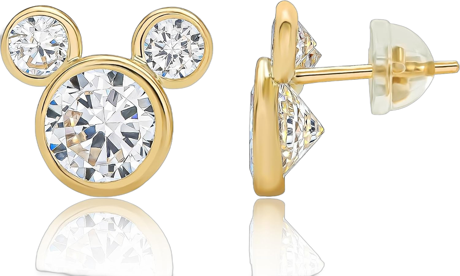 Disney Womens Cubic Zirconia 14k Gold Mickey Mouse Earrings Official License, Mickey Mouse Stud Earrings with Martini Back