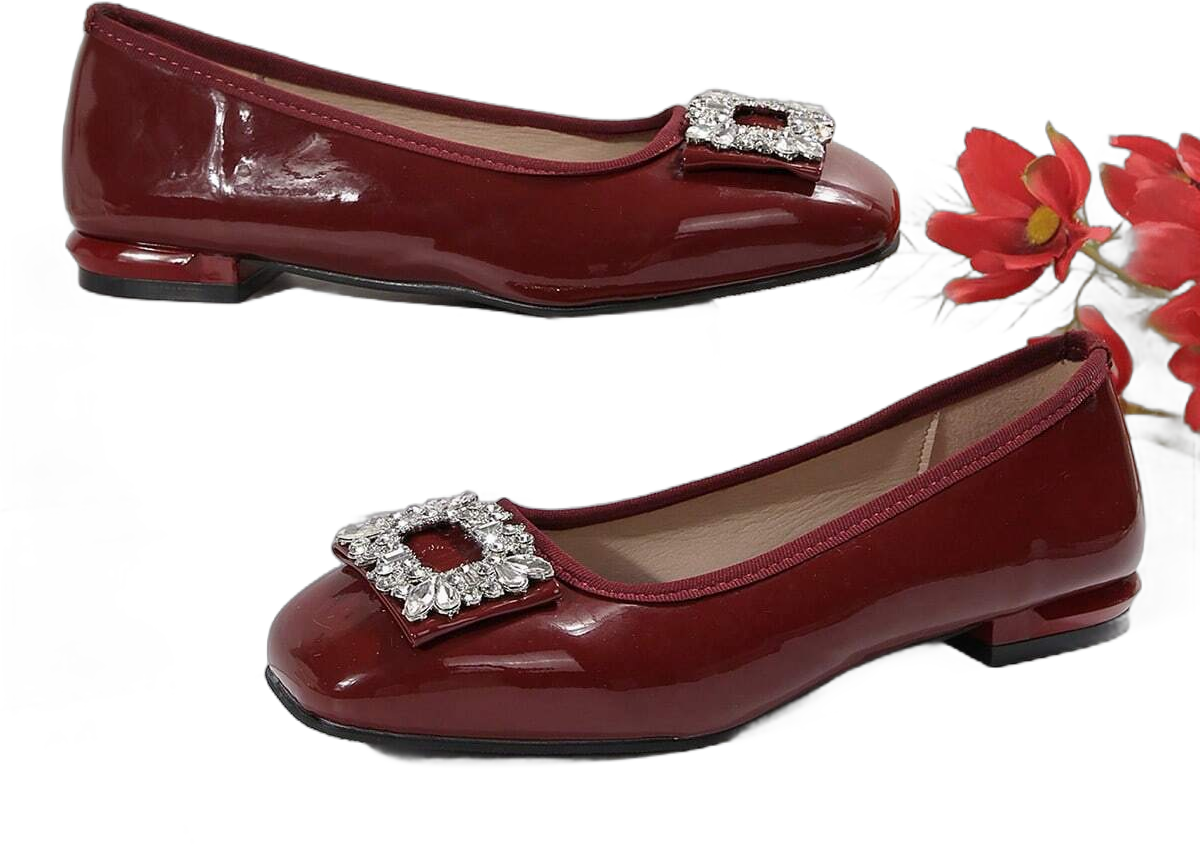 Women's Red Classic Square Rhinestone Versatile Breathable Soft Bottom Flat Fashion Shoes