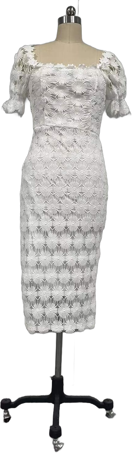 Women's Short Sleeve Lace Floral Elegant Cocktail Wedding Guest Dress Off The Shoulder Knee Length for Party Large White