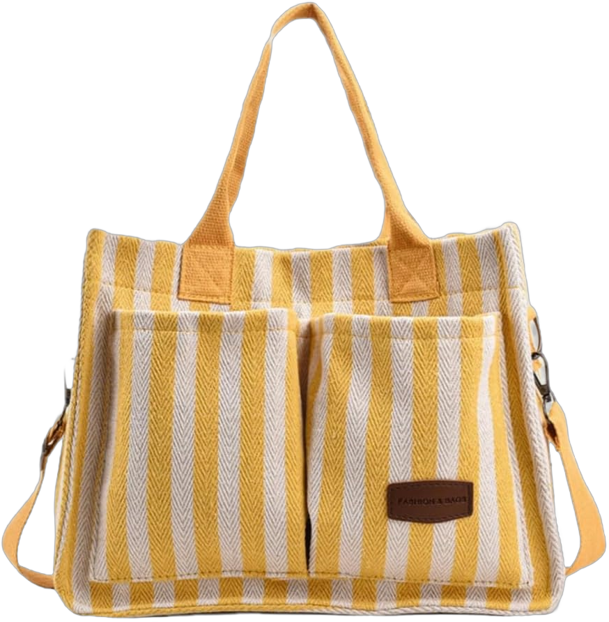 Canvas Tote Bag with Multi Pockets Women Stripe Crossbody Tote Bag Casual Purse Handbag Shoulder Bag for Work College Travel Yellow