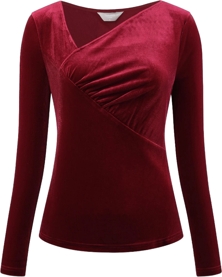 Hobemty Women's Slim Fitted Asymmetrical Neck Casual Long Sleeve Velvet Blouse Wine Red X-Large