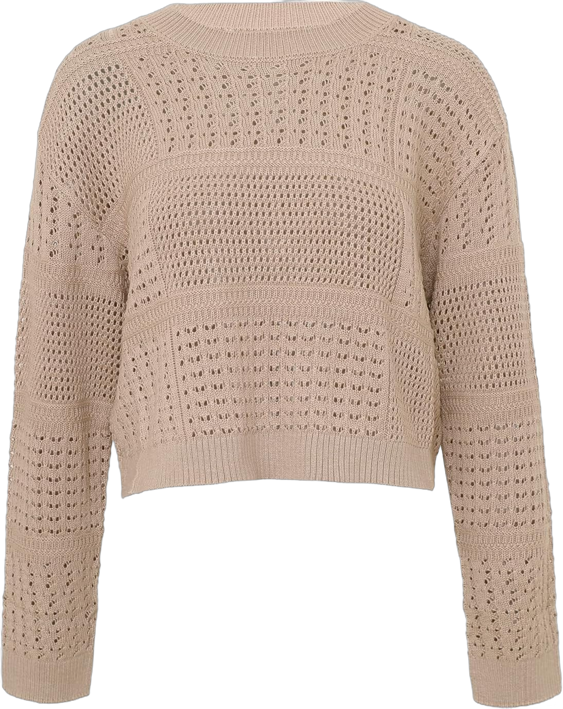 Women's Hollow Out Crew Neck Long Sleeve Loose Knit Short Sweaters Pullover Jumper Blouse Tops X-Large Tan