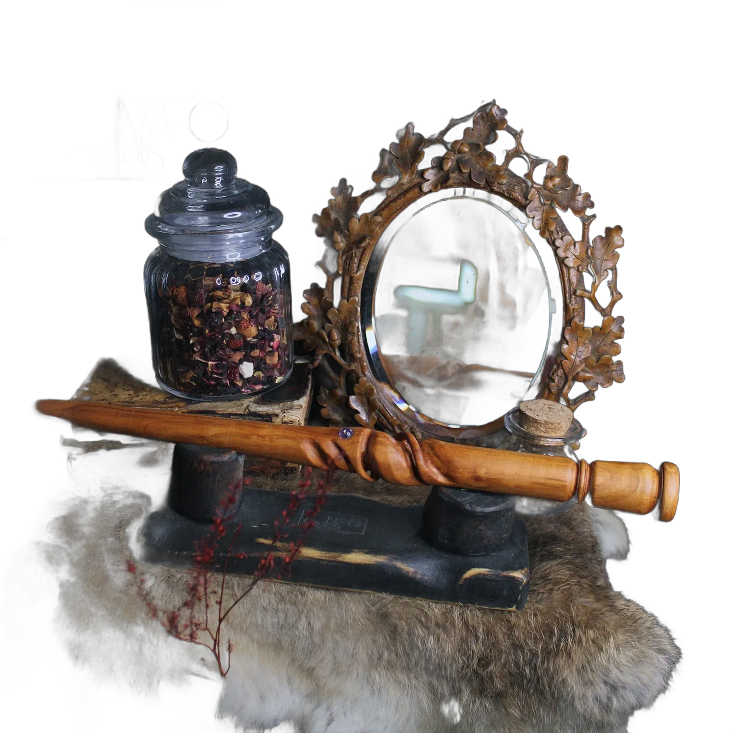 Magic and energetic wand in solid wood (origin France), Cherry essence, turned and hand carved, natural stone insert