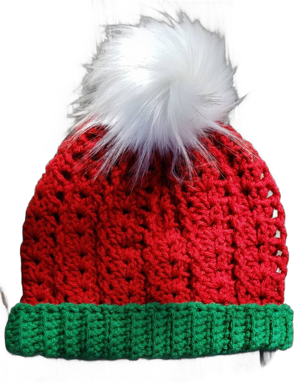 Handmade BLANCHE Crochet Christmas Holiday Beanie Green Red Hat Teen Beanie Ladies Small White Faux Fur Pompom Winter Accessory Cold Weather