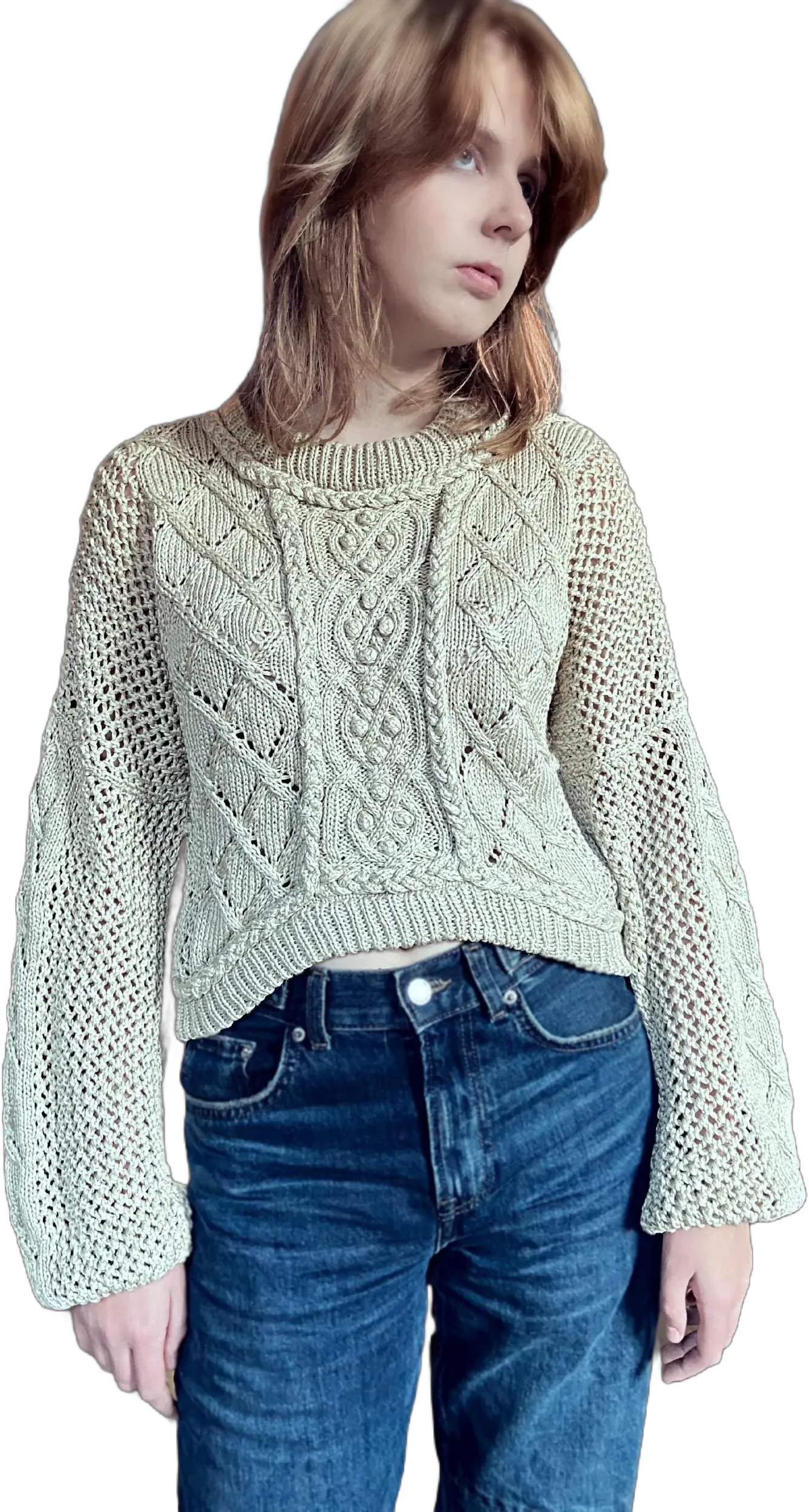 Cotton Cable Knit Woman’s Blouse, Beige Summer Sweater, Loose Fit Aran Woman’s Pull, Chunky Knit Crewneck Jumper, Unique Designer Crop Top