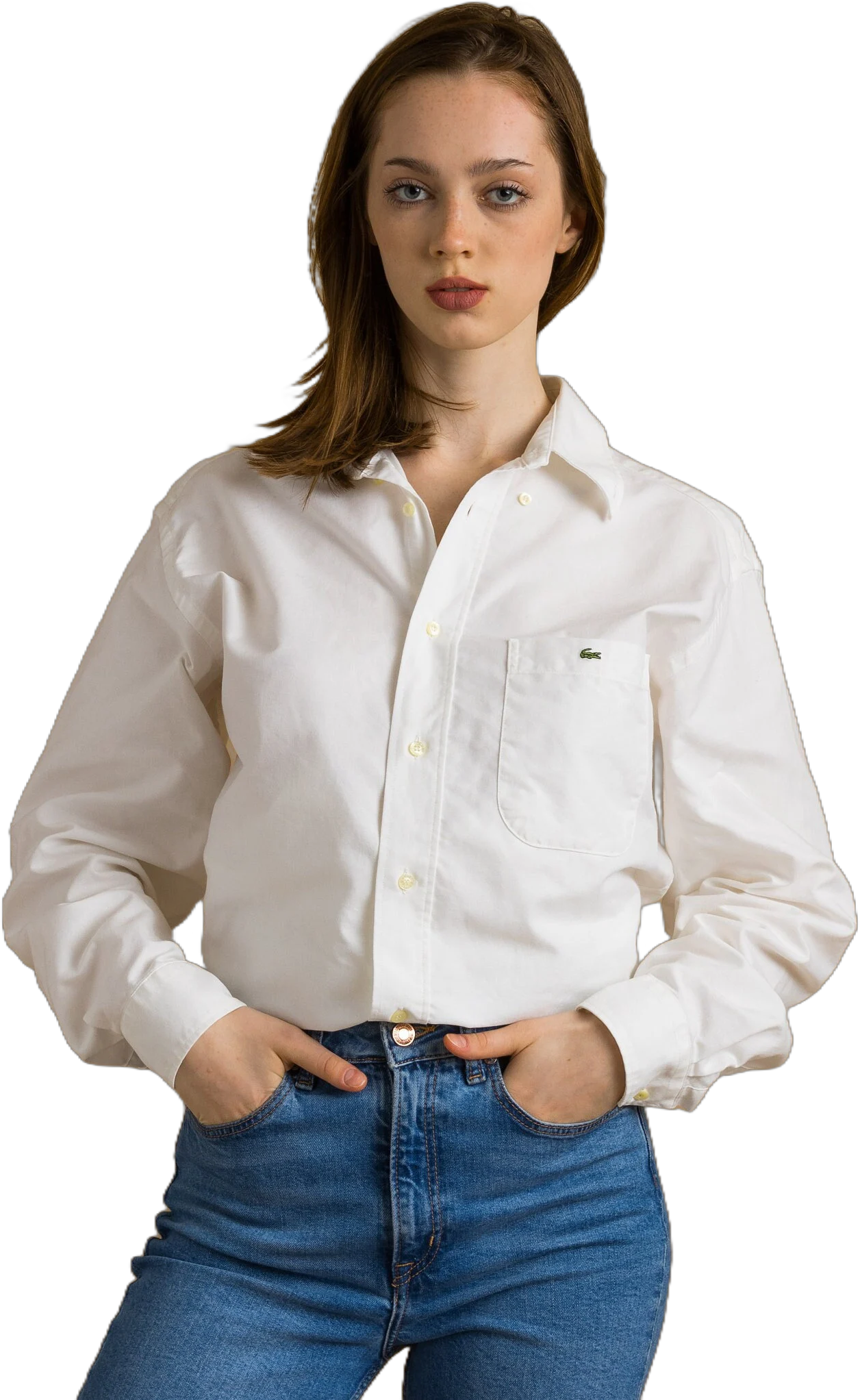 Vintage Lacoste White Cotton Logo Long Sleeve Buttons Up Woman Shirt/ Vintage Lacoste Unisex White L Woman Shirt