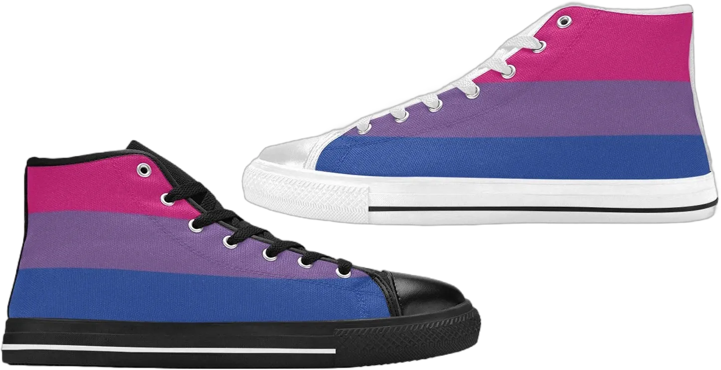 Men&#39;s & Women&#39;s Sizes - 2 Accent Options - Bi Flag Classic High-Top Canvas Shoes - Bisexual Pride Hi Tops - Black or White Soles and Vamps