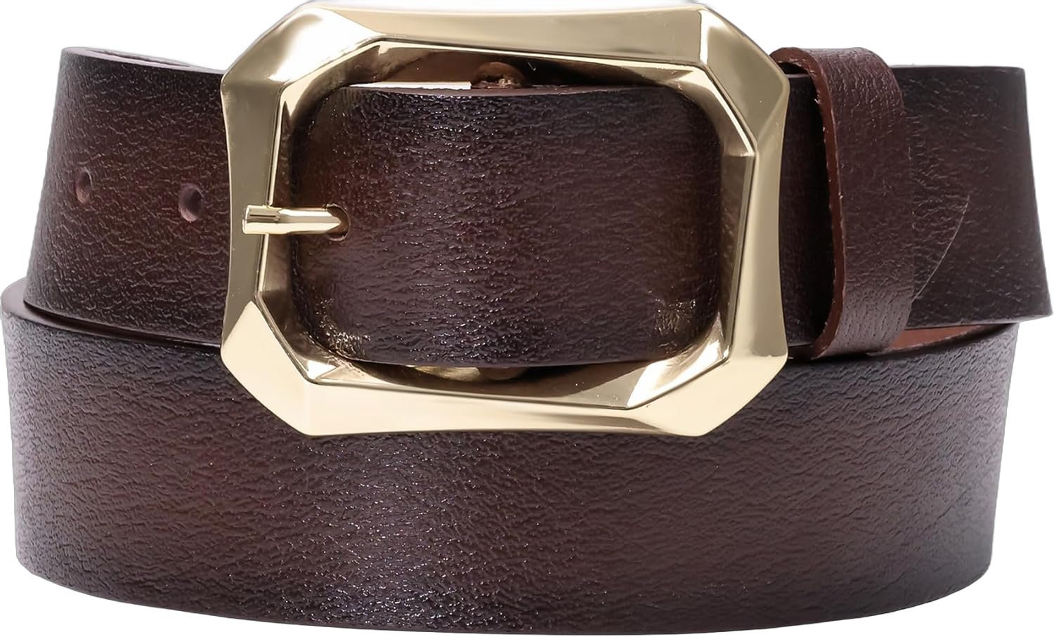 Women's Leather Belt Gold Buckle Waist Belt for Jeans in Navy Blue, Dark Brown, and Black Colors. Wide Straight Design, 1.45" Dark Brown Fit waist size 35" - 37"