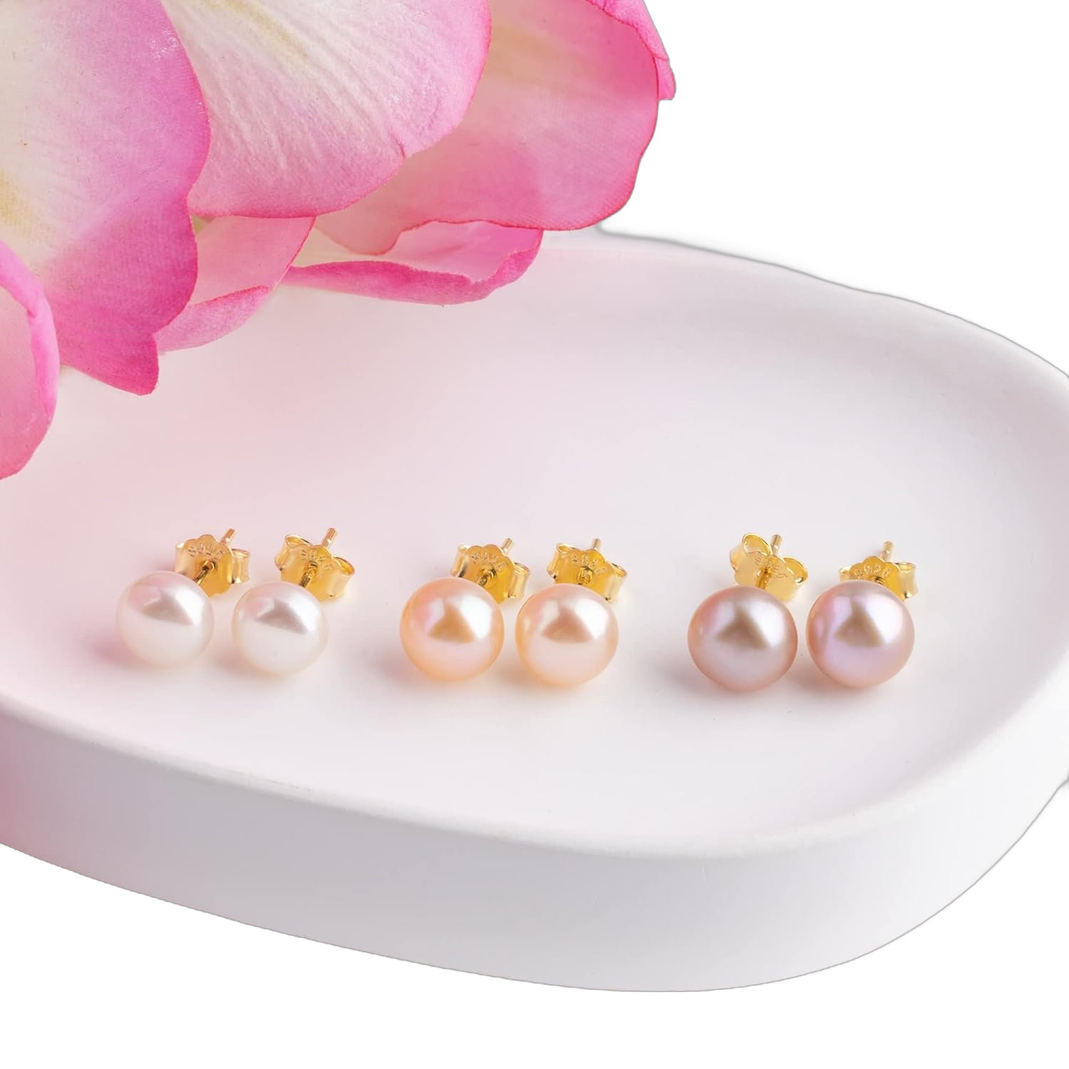 Pearl Stud Earrings for Women Studs Set AAA Pearl Studs Hypoallergenic Sterling Silver Pearl Earrings Multi Pack White/Pink/Purple 7mm Pearl-Gold