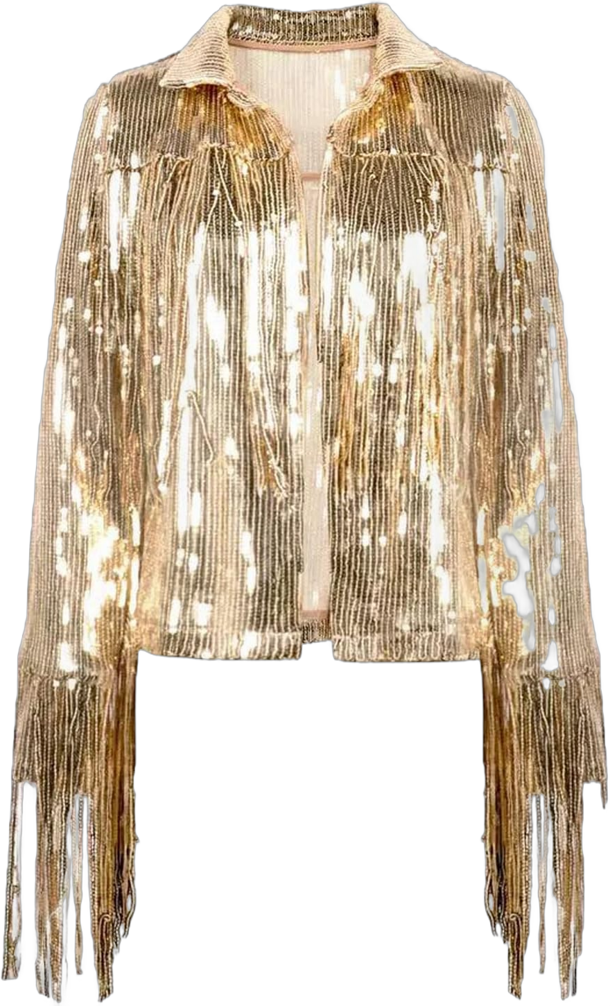 CXINS Women's Sequin Tassel Jacket Sparkle Retro Long Sleeve Reflective Fringe Jacket Sequin Coat One Size Gold