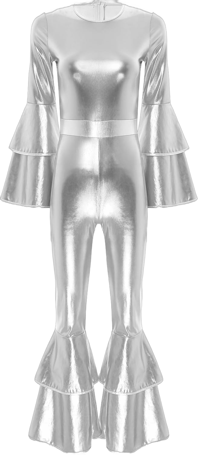 Sywiyi Women's Jumpsuits Shiny Metallic Bell-Bottom Full Body Hippie Costume 70S Disco Dance Party Fancy Outfit Clubwear Silver Large