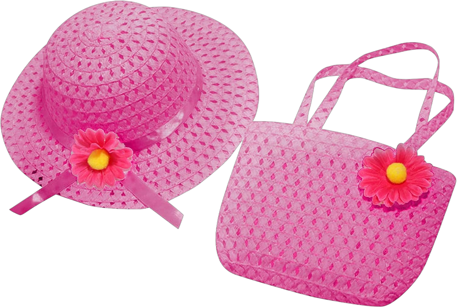 Girls Beach Hat with Shoulder Bag Set，Children's Floral Straw Hat，Beach Sun Visor Hat，Sunhat Summer Kids Hat One Size Hot Pink