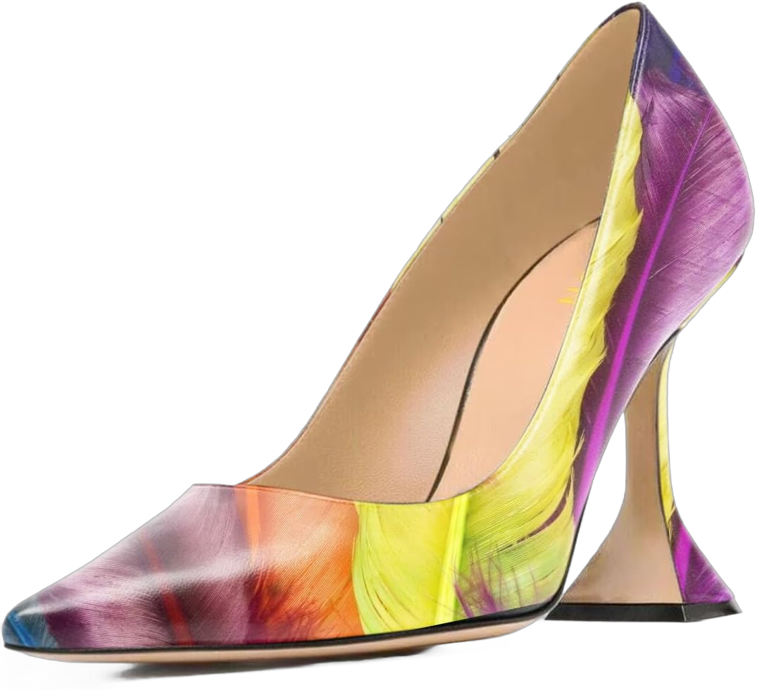 YDN Women Pointed Toe Slip on Pumps Special Kitten High Heel Shoe for Party Prom Dress Lady Size 4-16 US 11 Colorful Feather Print