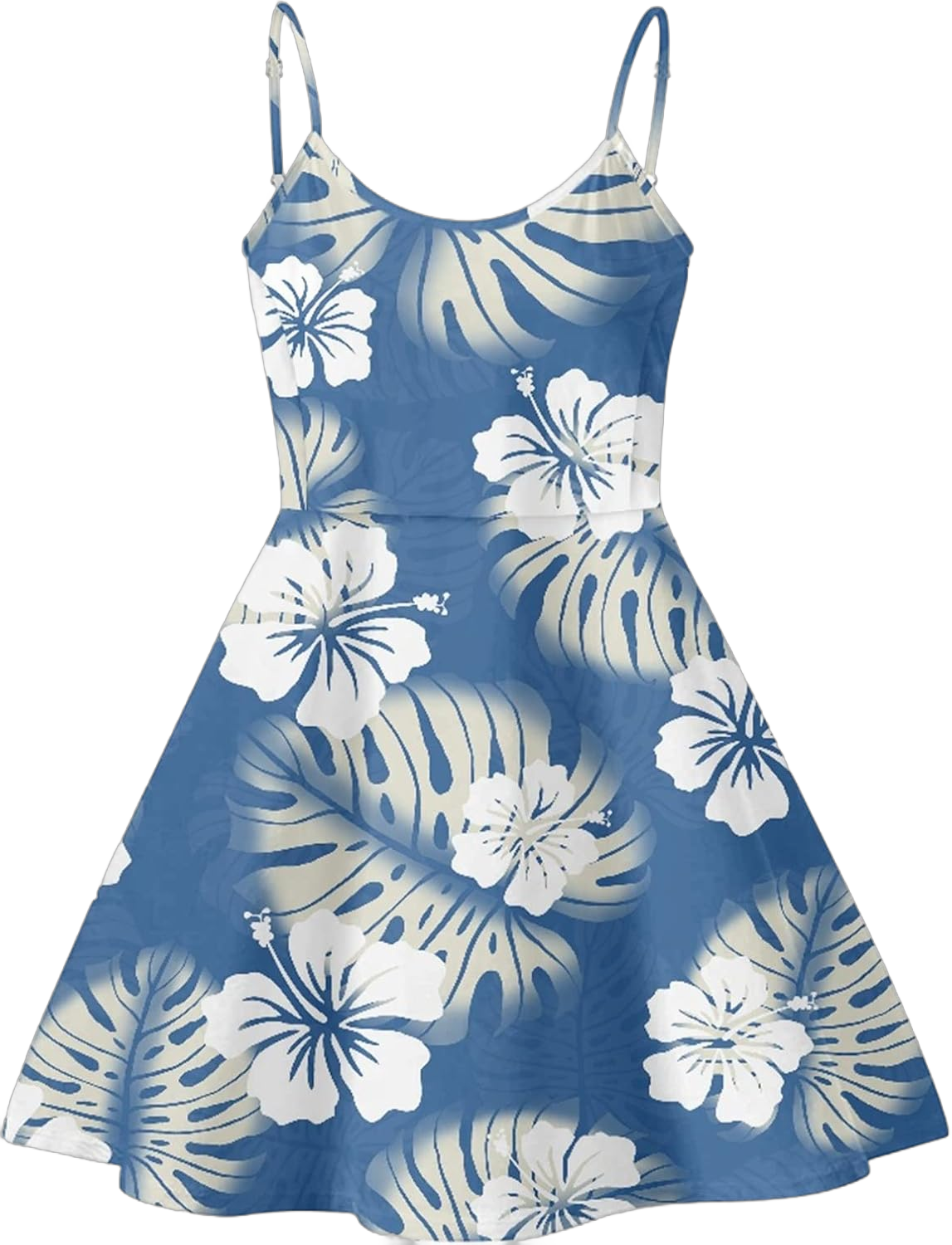 Cozeyat Blue Hawaiian Flower Print Backless Sundress for Women Girls Casual Tops Size 2XL,Women Girls Spaghetti Strap Swing Sling Sundress Beachwears