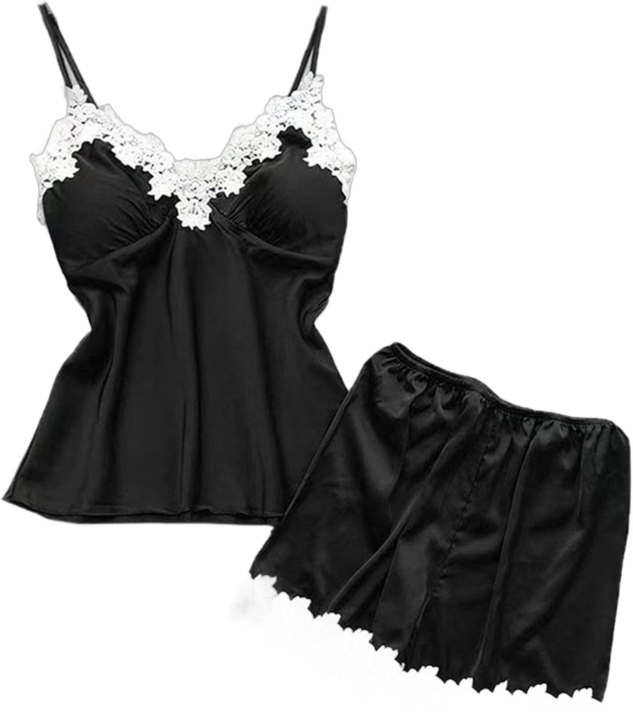 Umeyda 2 Piece Satin Pajamas for Women Lace Lingerie Cami Shorts Set Sleepwear Nightwear Medium Black