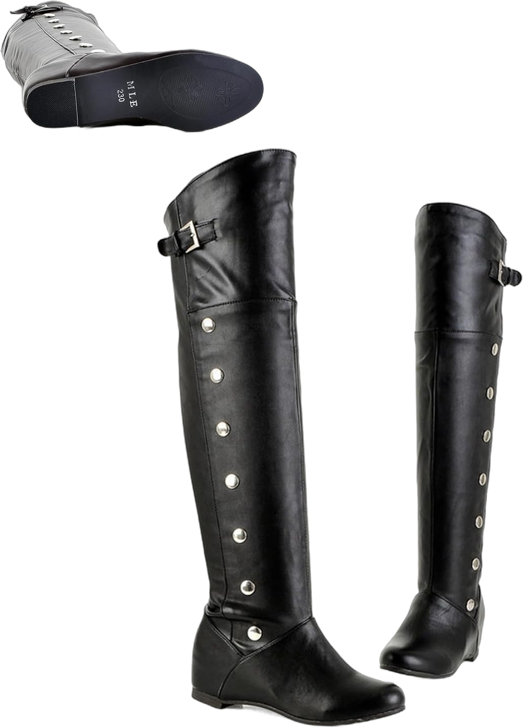 Women's Leather Hidden wedge heel Knee High Boots with Studded Decoration Round Toe Flat Dress Long Tall Boots for Fall Winter Black 7