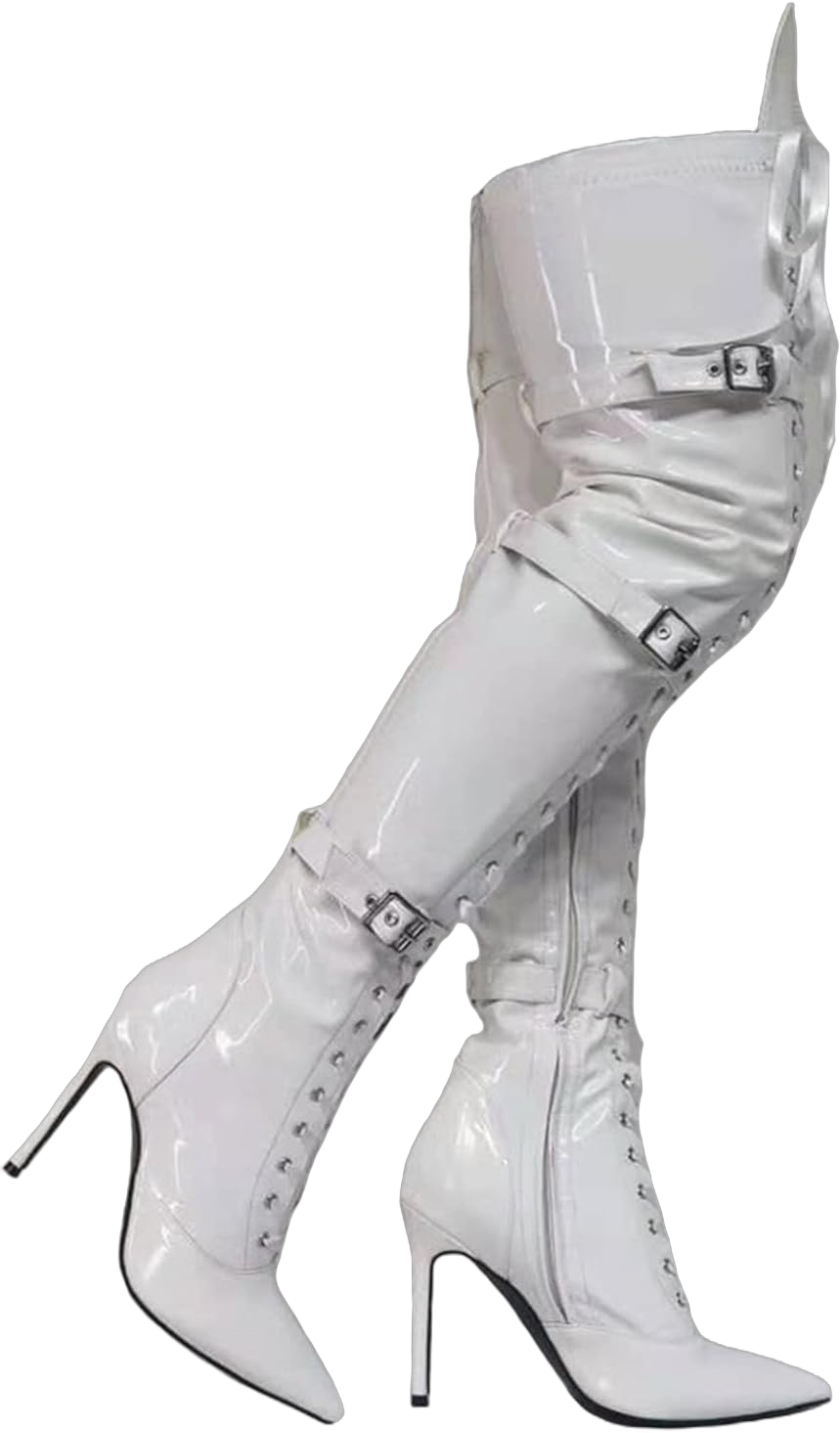 Vujkliy Women Glossy White Thigh High Boots,Side Zipper Over-The-Knee Boots,Fashion All-Match Stiletto Heels Long Boots,Western Boot 8.5 White