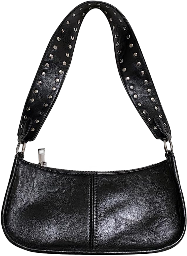 Womens Leather Shoulder Bag Small Y2K Purse Handbag Mini Crossbody Going Out Bags with Studded Decor Straps Black