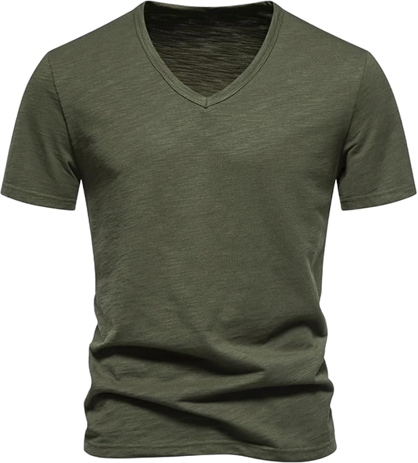 Men's Summer V-Neck Short Sleeve Slim Fit Lightweight T-Shirt Solid Color Small Army Green